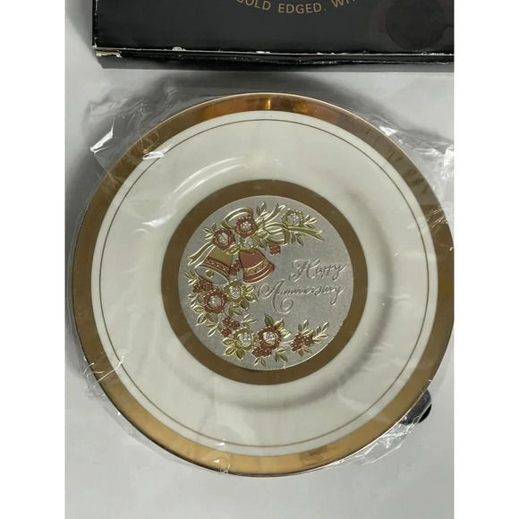 Happy Anniversary Chokin Plate Porcelain Ware Gold Plated Metal Display Stand - Picture 3 of 7
